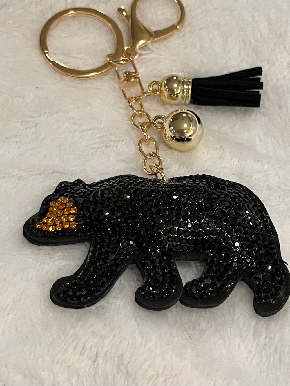 Black Crystal Bear Keychain with Gold Accents